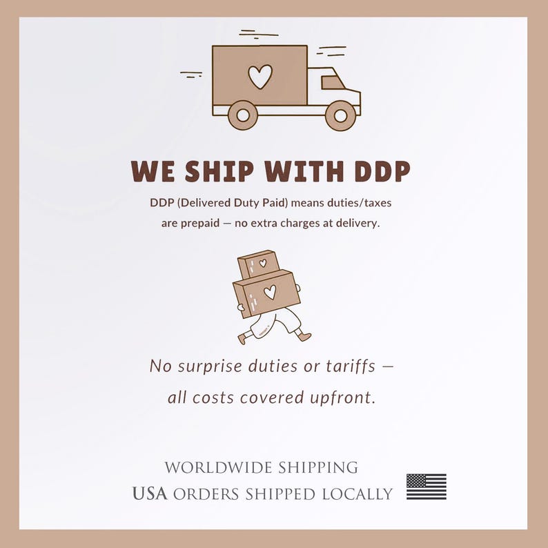 The image is a simple illustration that includes a truck carrying a package and a person carrying a package. The text above the image states that the company ships with DDP (Delivered Duty Paid) and that no surprise duties or Tariffs are covered upfront. The company is worldwide shipping USA orders shipped locally.