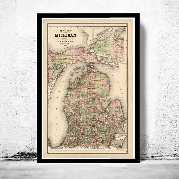 Old vintage map of Michigan 1885 Vintage Map | Vintage Poster Wall Art Print | Wall Map Print | Old Map Print