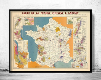 Carte des vins de la Vieille France 1949 Carte Vinicole de La France | Affiche d'art mural vintage | Impression de carte murale | Ancienne impression de carte