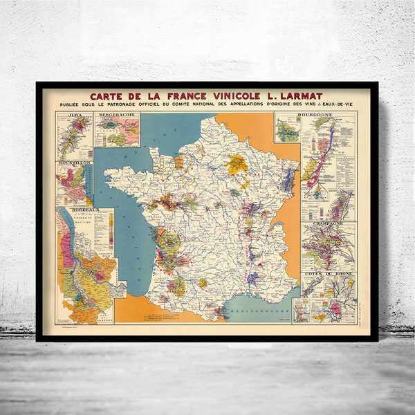 Carte des vins de la Vieille France 1949 Carte Vinicole de La France | Affiche d'art mural vintage | Impression de carte murale | Ancienne impression de carte