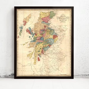 Clans of Scotland Map 1822 Old Map of Scottish Clans Families of Highlands | Vintage Map Wall Art Print | Large Map Print