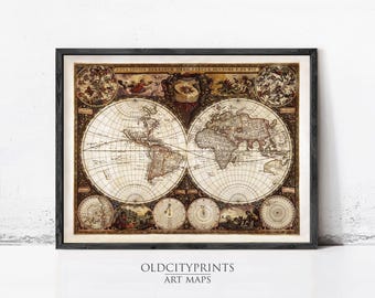 William Blaeu Gold Foil Reproduction of His 1605 Map of the World