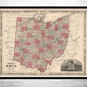 Beautiful Old Map Ohio State 1864 Vintage Map Wall Map Print | Large Map Print | Home Decor Wall Art