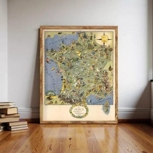Peut inclure: Une carte illustrée de style vintage de la France encadrée en bois clair, présentant des représentations colorées de monuments, d'activités et de faune régionaux, avec le titre La France imprimé dans une bordure florale décorative en bas.