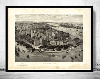 Old Panoramic New York 1905 BirdsEye View  | Vintage Poster Wall Art Print |