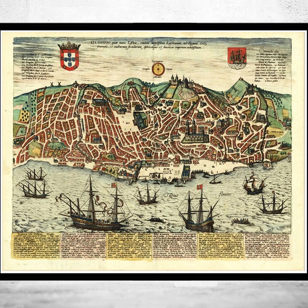 Old Map of Lisbon 1598 Lisboa Portugal Vintage MAp | Vintage Poster Wall Art Print | Wall Map Print | Old Map Print