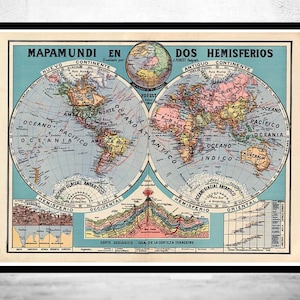 Vintage World Map 1929 Two Hemispheres  | World Map Gift World Map Print | Vintage World Map | World Map Wall Art | Large Map Print