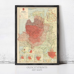 Puede incluir: Mapa antiguo enmarcado de Lituania, con una representación detallada de la geografía del país. El mapa es predominantemente rojo y beige, con un marco negro. El texto "OLD CITY PRINTS ART MAPS" es visible en la parte inferior.