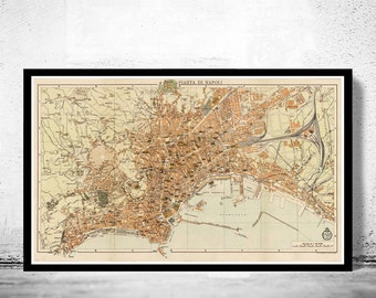 Ancienne carte de Naples Naples 1930 Antique vintage Italie | Affiche d'art mural vintage | Impression de carte murale | Ancienne impression de carte
