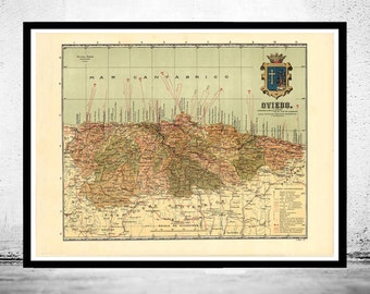 Ancienne carte d'Oviedo, Asturias, 1900, Espagne, carte vintage | Affiche d'art mural vintage | Impression de carte murale | Ancienne impression de carte