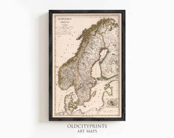 Old Map of Sweden 1824 Vintage Wall Art Print Decor