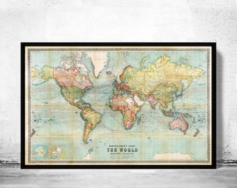 Beautiful World Map Vintage Atlas 1914 Mercator projection  | World Map Gifts World Map Print | Vintage World Map | World Map Wall Art