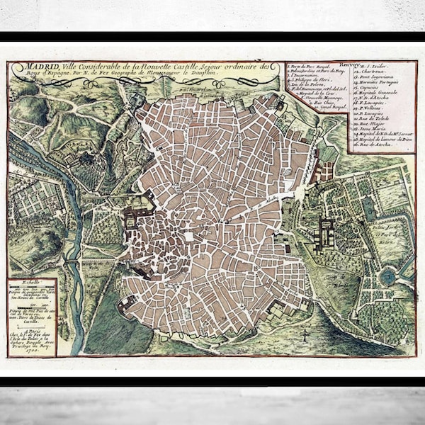 Old Map of Madrid with gravures, Spain Espana 1717 Vintage  | Vintage Poster Wall Art Print | Wall Map Print | Old Map Print