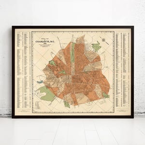 Vintage map of Charlotte North Carolina Old Map of Charlotte | Vintage Map Wall Art Print | Large Map Print | Home Decor Wall Art