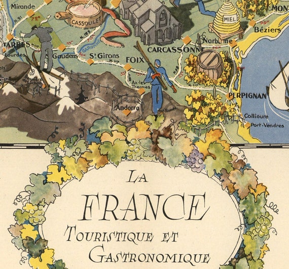 Old Map of France Gastronomy Tourism Poster Vintage Map Vintage Poster Wall  Art Print 