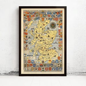 Old Map of Scotland History Map Vintage Scottish Clans Families | Vintage Map Wall Art Print | Large Map Print | Home Decor Wall Art
