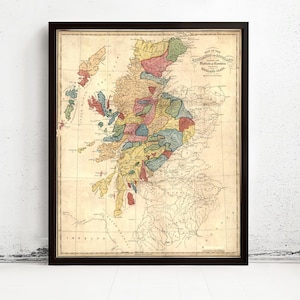 Clans of Scotland Map 1822 Old Map of Scottish Clans Families of Highlands | Wall Map Print