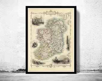Old Map of Ireland 1851 Beautiful Map of Ireland with gravures Vintage Map | Vintage Map Wall Art Print | Large Map Print