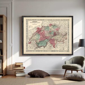 Vintage Switzerland Map 1865 | Antique Schweiz Wall Decor Print