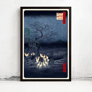 Japanese Art, Hiroshige New Year's Eve foxfires at the changing tree, Oji, 1857  | Vintage Map Wall Art Print | Hiroshige Print