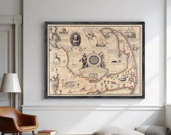 May include: A framed vintage-style map of Cape Cod featuring sepia-toned illustrations of ships, a compass rose, a portrait, and various wildlife. The map includes detailed cartographic lines, nautical symbols, and text labels across the parchment.
