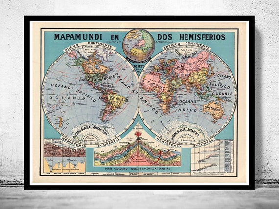 Economisch Vermeend steno Vintage wereldkaart 1929 twee hemisferen Vintage Poster Wall | Etsy