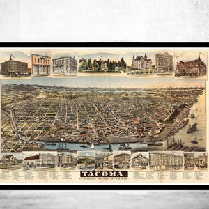 Old Map of Tacoma Washington Panoramic View 1890 Vintage Gravure | Vintage Map Wall Art Print | Large Map Print | Home Decor Wall Art