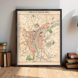 The image is a framed vintage map of a city, depicting various landmarks and streets.