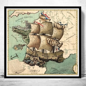 Old Map France 1796 Antique The Kingdom of France is represented under the form of a ship | Vintage Map Wall Art Print |
