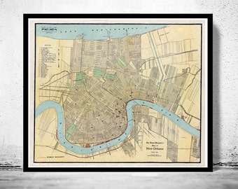 Old Map of New Orleans,  United States 1919  | Vintage Poster Wall Art Print |