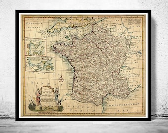 Old Map of France, 17th Century Cartography Decor, Vintage