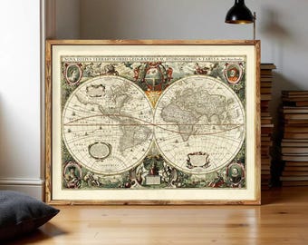 Peut inclure: Une impression de carte du monde de style ancien encadrée intitulée NOVA TOTIVS TERRARVM ORBIS GEOGRAPHICA AC HYDROGRAPHICA TABVLA. La carte présente deux hémisphères circulaires avec une cartographie détaillée, des illustrations et du texte latin.