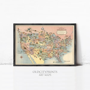 Peut inclure: Carte vintage encadrée des États-Unis, avec une illustration détaillée de chaque État, comprenant des dessins et du texte colorés. La carte est dans un cadre noir et comprend le texte "Wheary Touring & Travel Map."