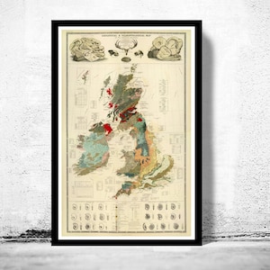 Old Map of United Kingdom Geological Palaeontological 1854 Vintage Map | Vintage Map Wall Art Print | Large Map Print