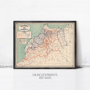 Vintage Morocco Map 1937 Print | Le Maroc Wall Art Decor Retro Style image 1