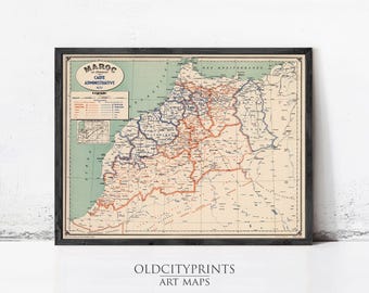 Vintage Morocco Map 1937 Print | Le Maroc Wall Art Decor Retro Style