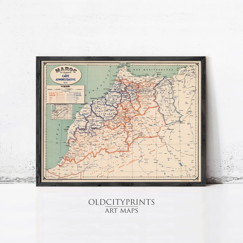 Vintage Morocco Map 1937 Print | Le Maroc Wall Art Decor Retro Style image 1