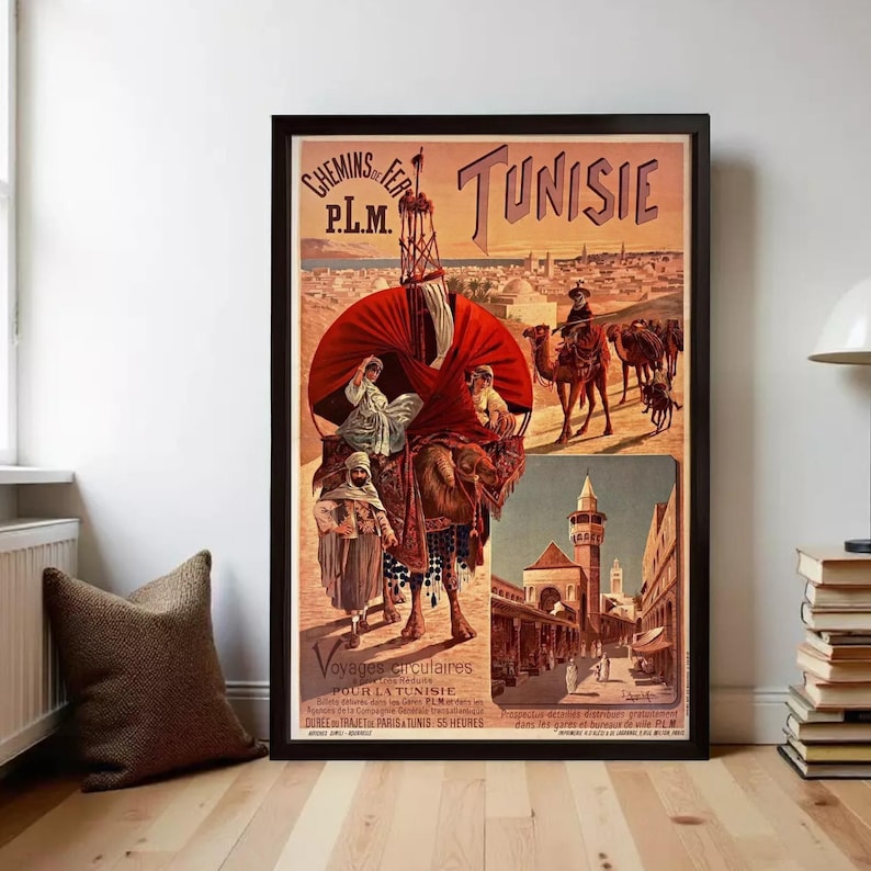 The image is a vintage poster advertising a film called "Cheming of the Flemish and Tunisie" by P.L.M. featuring a desert scene with people and camels.