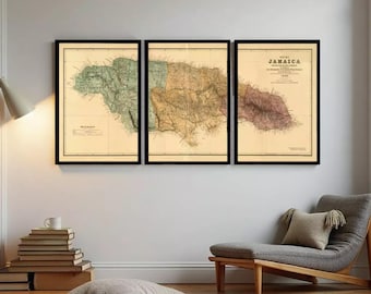 Vintage Map of Jamaica Print 1888 | Reproduction Wall Art (3 Pieces)