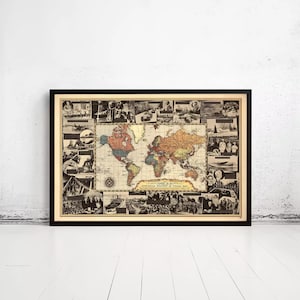 Peut inclure: Une carte du monde historique encadrée intitulée 1949 A.D. Historical History of World Map, présentant une carte centrale en couleur entourée de vignettes photographiques en noir et blanc d'événements, de personnages et de machines historiques.