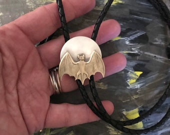 Handcrafted Silver and Brass Moon Bat Bolo Neck Tie Lariat Necklace Mixed Metals Unisex Neck Tie Halloween Wedding Everyday Accessories