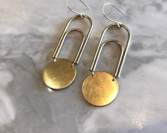 Handmade Brass Arch Circle Drop Dangle Earrings Sterling Silver Ear Wire Minimal Modern Style Art Deco Inspired Jewelry Arco Iris Crest