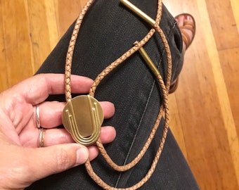 Handmade Brass Art Deco Bolo Tie: Unisex Leather Neck Lariat