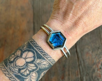 Handmade Labradorite and Sterling Silver Cuff Bracelet Size Small Med Hexagon Geometric Jewelry