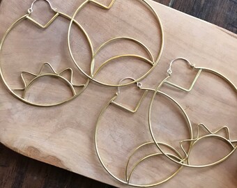 Handmade Brass Sun and Moon Hoop Earrings, Sterling Silver Wire
