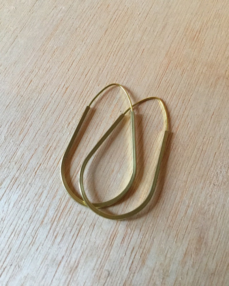 Handmade Brass Earring 2 inch Teardrop Cubed Hoop Minimalist Modern Design image 1