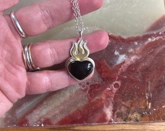 Handcrafted Black Onyx Sacred Heart Pendant Necklace Sterling Silver with Brass Accent ooak jewelry Valentines Day Gift
