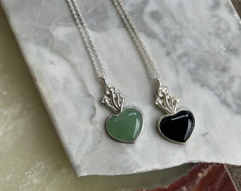 Handcrafted 925 Sterling Silver Sacred Mushroom Heart Pendant Necklace Aventurine or Black Onyx