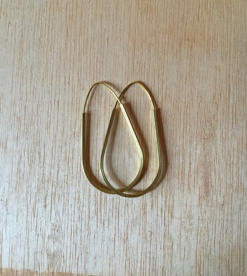 Handmade Brass Earring 2 inch Teardrop Cubed Hoop Minimalist Modern Design image 2