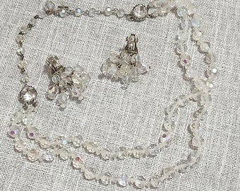 Vintage Laguna Auroa Borealis Crystal Beaded Necklace and Clip on Earring Set